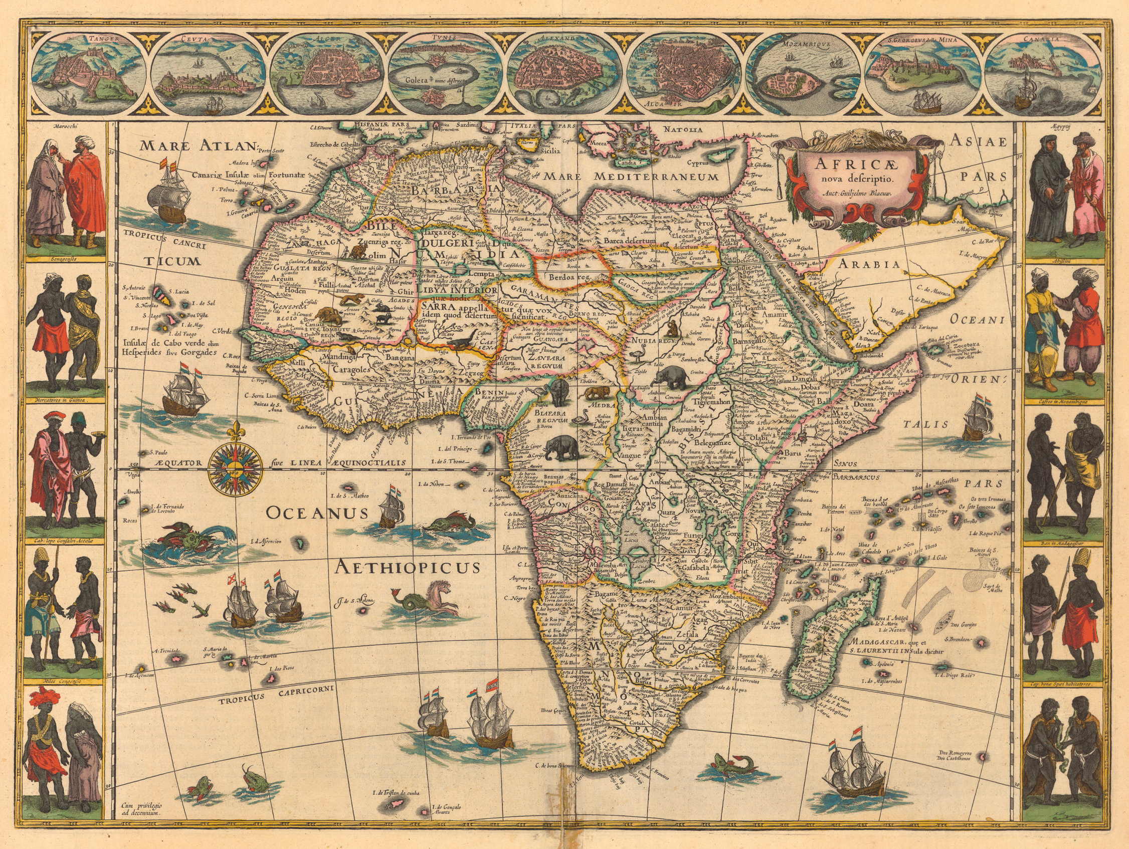Willem Janszoon Blaeu’s 1644 map of Africa, in which uncharted regions are obscured by illustrations of African fauna. Retrieved from [8].