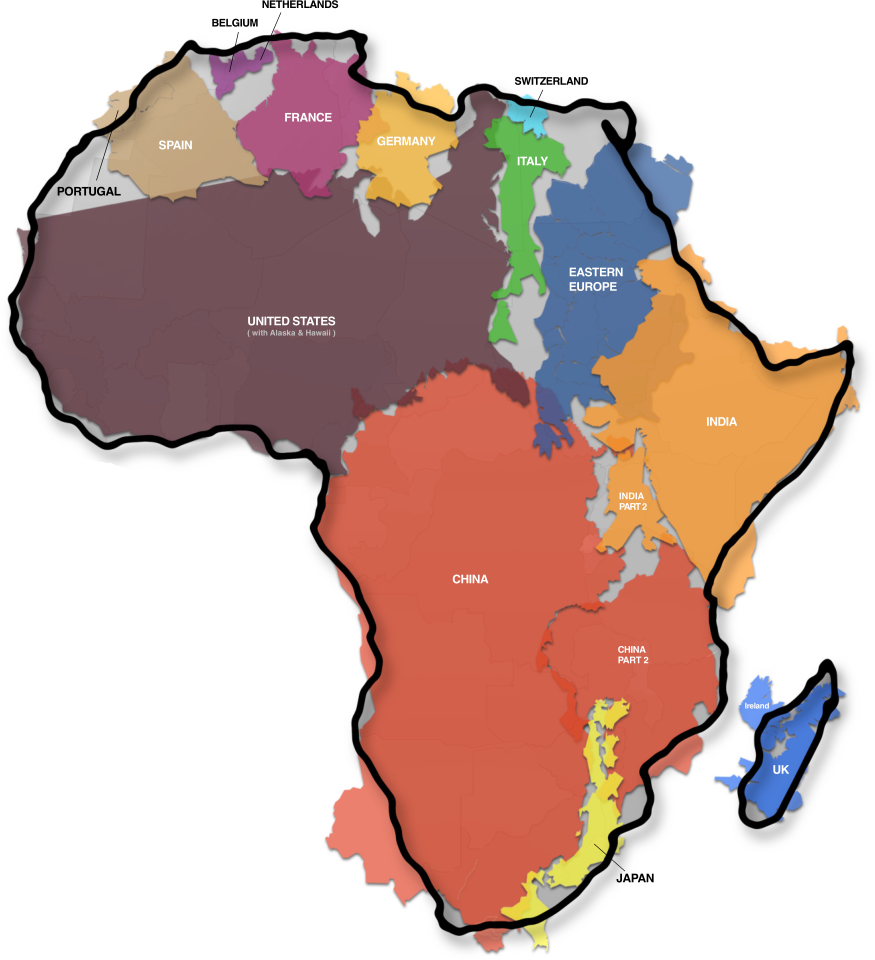 An infographic indicating the true sizes of various countries relative to Africa (contrary to the Mercator projection). Retrieved from [17].