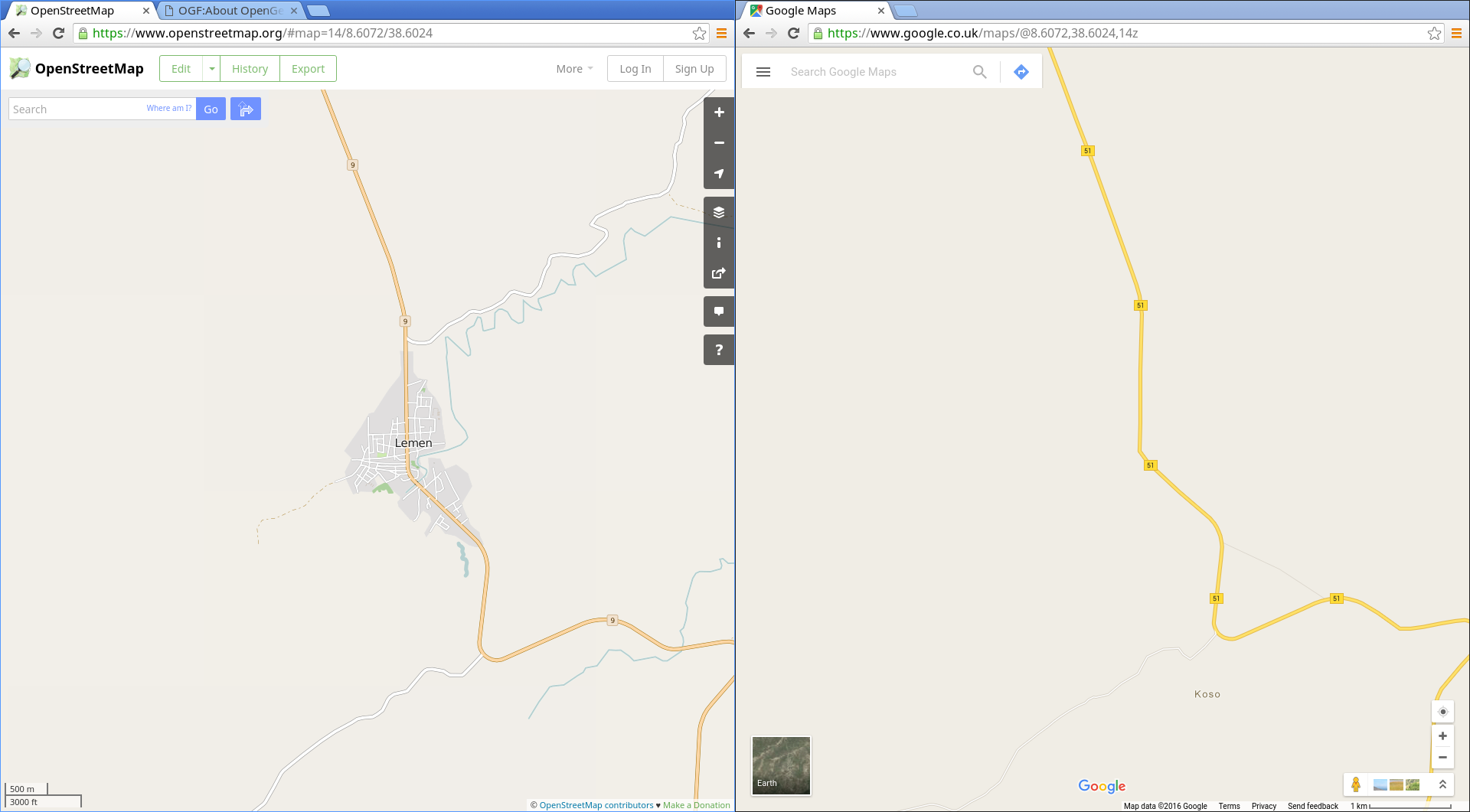 The town of Lemen in Ethiopia, absent from Google Maps, but complete with street mapping in OpenStreetMap. Retrieved from [18], [20].