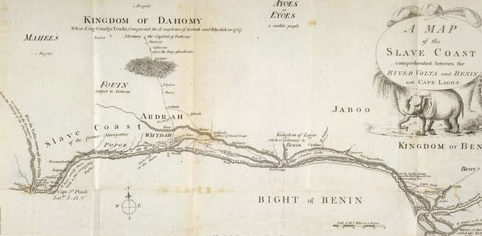 The “Slave Coast” of Africa, 1789, a map of the coast around the Kingdom of Dahomy, which sold prisoners of war to foreign slavers. Retrieved from [7].
